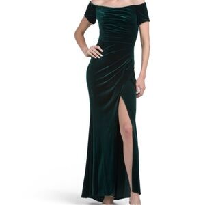 XSCAPE Long Velvet Off The Shoulder Gown